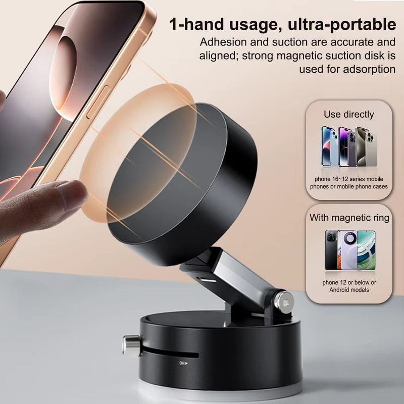 Vacuum Magnetic Suction Cup Folding Swivel Phone Stand with 360-Degree Rotation for iPhone and Mobile Devices